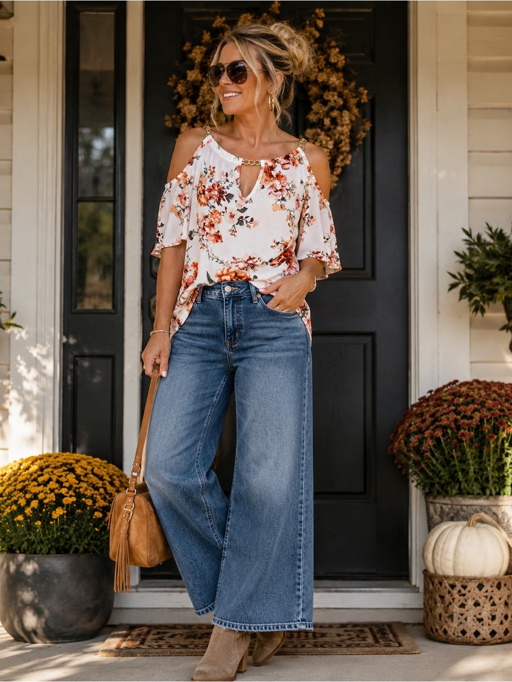 Charmed by Eve Floral Cold Shoulder Blouse Gold Chain Accent Size M